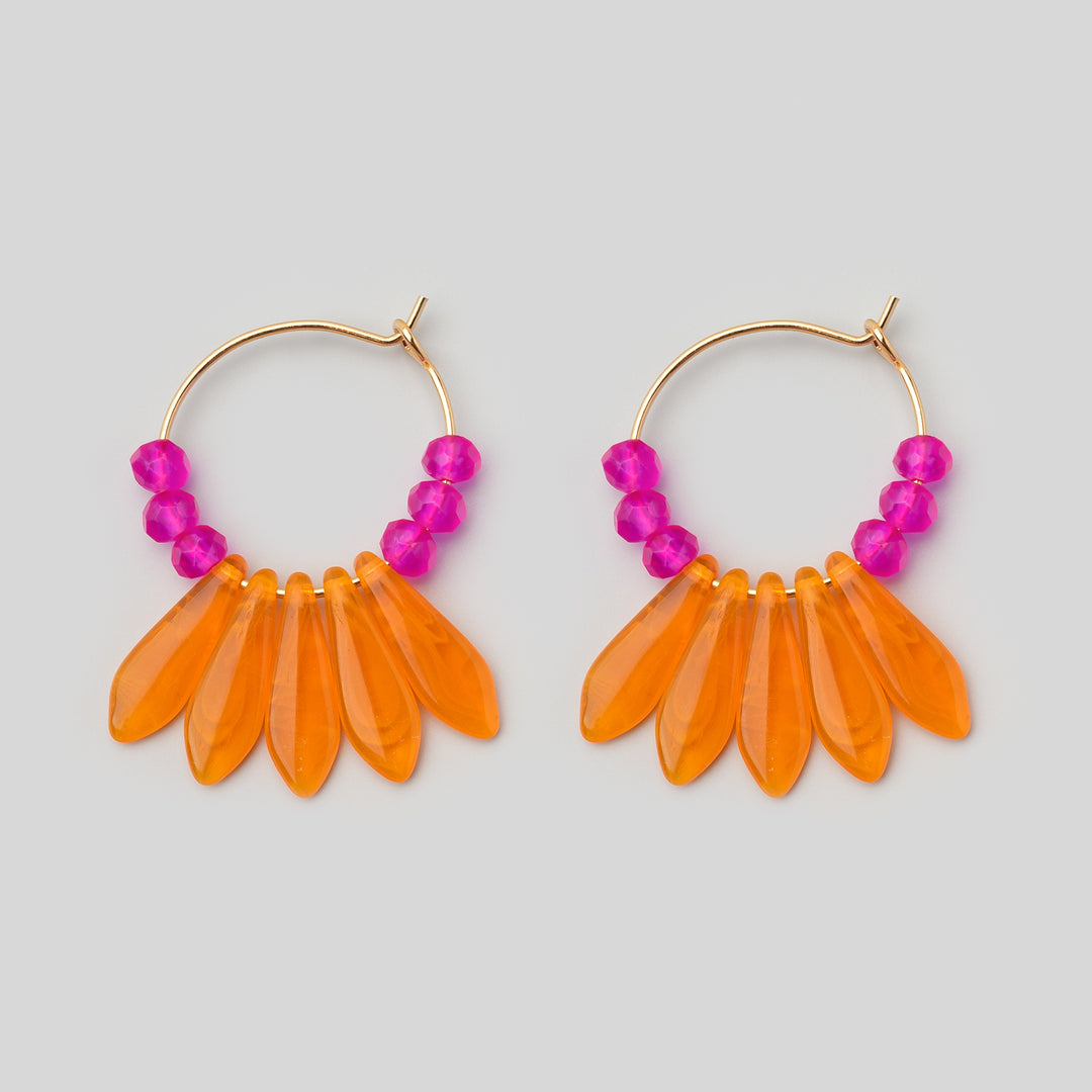 Creolen 24 mm mit orangenen Glastropfen und pinken Glasperlen